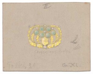 Entwurf eines Schmuckstücks : Symmetrische Brosche oder Anhänger mit Edelsteinen besetzt; handschriftliche Anmerkungen; signiert; nummeriert