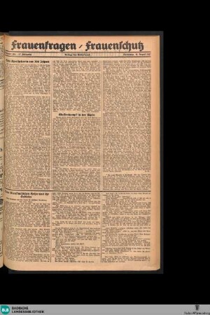 Der Volksfreund : Tageszeitung für das werktätige Volk Mittelbadens, Frauenfragen / Frauenschutz