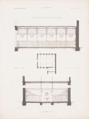 Pferdestall aus der Kais. Franz. Botschaft, Berlin: Grundriss, Schnitte (aus: Architektonisches Skizzenbuch, H. 96/2, 1869)