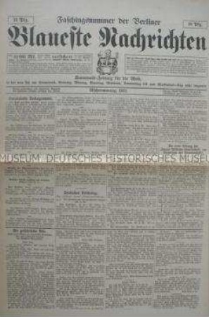 Karnevalszeitung: Faschingsnummer der "Berliner Blaueste Nachrichten"; Berlin, 1911