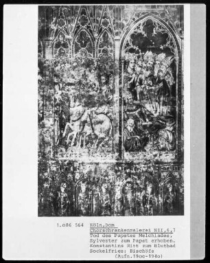 N II 6, 7 von rechts nach links: Tod des Papstes Melchiades und Silvester wird zum Papst erhoben, Konstantins Ritt zum Blutbad; Sockelfries: Bischöfe