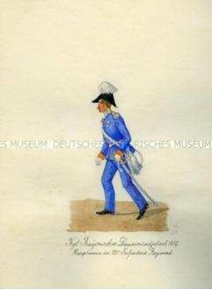 Uniformdarstellung, Divisionsadjutant und Hauptmann des 12. Infanterie-Regiments "Prinz Arnulf", Königreich Bayern, 1859.