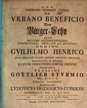 Diss. hist. iur. de urbano beneficio, vom Bürger-Lehn