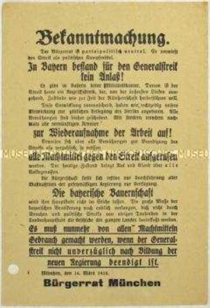 Bekanntmachung des Bürgerrates München mit einem Aufruf zur Beendigung des Generalstreiks gegen die Kapp-Putschisten
