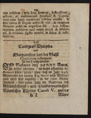 VII Landgraff Philipsen und Margarethen von der Sahl Copulations-Instrument.