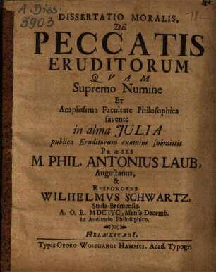 Dissertatio Moralis, De Peccatis Eruditorum