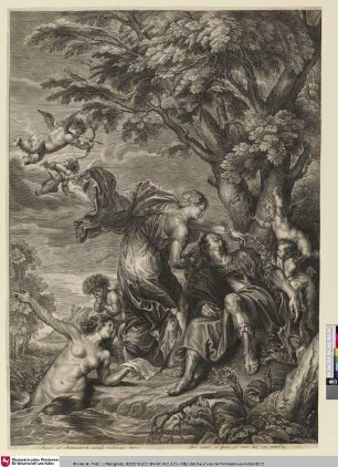 [Der eingeschlummerte Rinaldo wird von Armida und Genien mit Blumengewinden gefesselt; Rinaldo chained by Armida]