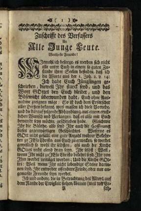 Zuschrifft des Verfassers An Alle Junge Leute: Wertheste Freunde!