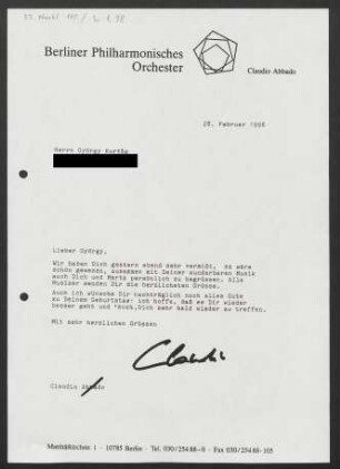 Brief an György Kurtág, 28.02.1996