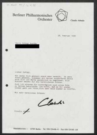 Brief an György Kurtág, 28.02.1996