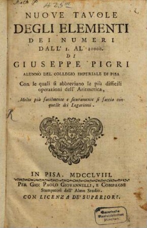 Nuove tavole degli Elementi dei numeri