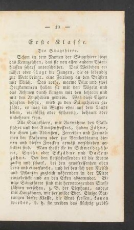 Erste Klasse. Die Säugethiere.