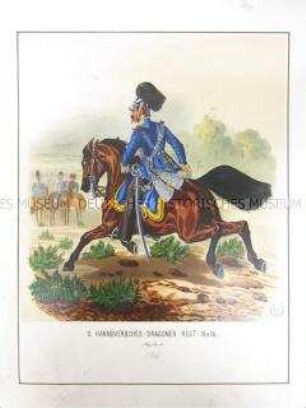 Uniformdarstellung, Adjutant des 2. Hannoverschen Dragoner-Regiments No. 16, Preußen, 1866. Tafel 110 aus: Schindler: Suplement zum Militair-Album.