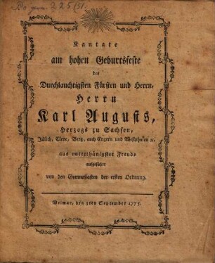 Cantate am hohen Geburtsfeste ... Carl Augusts zu Sachsen ... aufgeführt