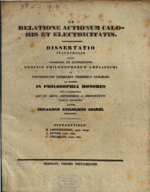 De relatione actionum caloris et electricitatis