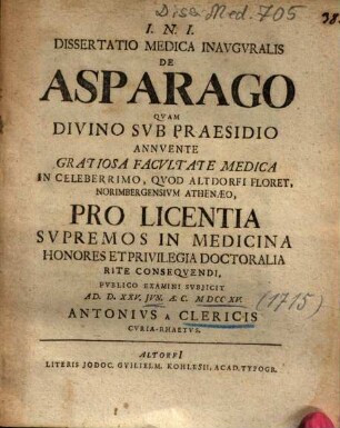 Dissertatio Medica Inavgvralis De Asparago