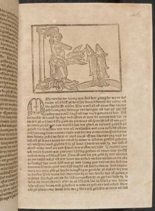 Traumbild des König Sedras: Der König auf einem Berg mit (Feuer-)säule, mit Fischen, zwei Wasservögeln, einem weiteren Vogel auf seinem Kopf und einer Schlange zu seinen Füßen; (Kapitel X: Von König Sedras)