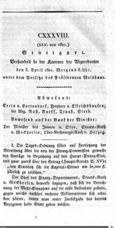 138. Sitzung, Stuttgart, 5.4.1821