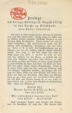 Predigt am Kriegs-Bettage (5. August 1914) in der Kirche zu Glückstadt