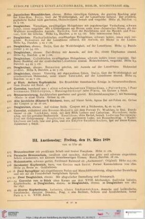 III. Auctionstag: Freitag, den 18. März 1898 (Nr. 413 - 489)