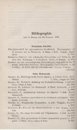 Bibliographie vom 1 Januar bis 29. Februar 1872.