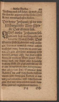 Der dritte Irthumb/ ist die verfelschung dieser Wort Christi/ Das ist mein leib.