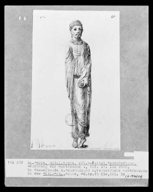 Les monuments de la monarchie française. Sammelband der Zeichnungen und Probedrucke Montfaucons — Saint-Denis, Abteikirche, Gewändefigur des nördlichen Westportals (für Bd. I, Taf. XVI), Folio fol. 60