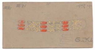 Entwurf einer Kette : Dreireihige Kette mit Metallgliedern und farbigen Perlen; nummeriert; handschriftliche Anmerkung