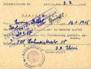 Bescheinigung über polizeiliche Meldung vor dem 2.Weltkrieg