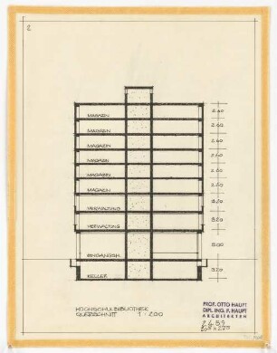 Hochschulbibliothek, Karlsruhe Neubau: Vorprojekt: Neubau der Bibliothek. Querschnitt, 1:200