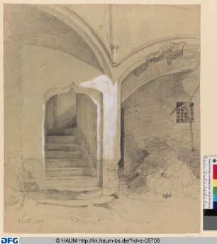 Gewölbearchitektur mit Treppenaufgang und Heuhaufen