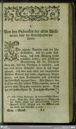 I. Von den Gedanken der alten Weltweisen über die Gesellschaften der Todten