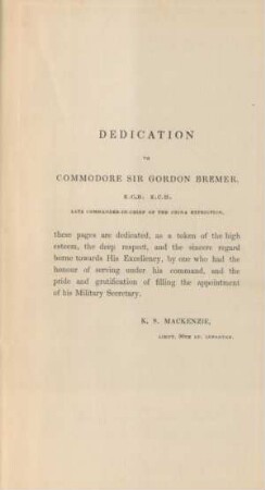 Dedication to Commodore Sir Gordon Bremer