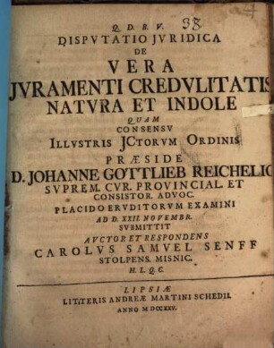 Dispvtatio Jvridica De Vera Jvramenti Credvlitatis Natvra Et Indole