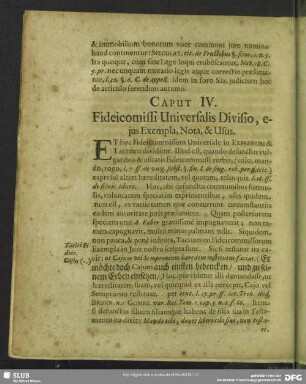 Caput IV. Fideicommissi Universalis Divisio, ejus Exempla, Nota, & Usus
