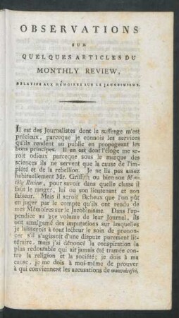 Observations Sur Quelques Articles Du Monthly Review, Relatifs Aux Mémoires Sur Le Jacobinisme