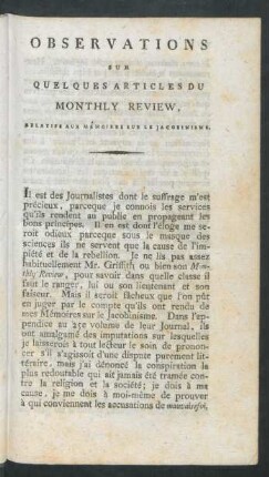 Observations Sur Quelques Articles Du Monthly Review, Relatifs Aux Mémoires Sur Le Jacobinisme