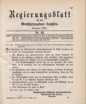 Nr. 139: Ministerialverordnung über die Anmeldung der zugezogenen Fremden
