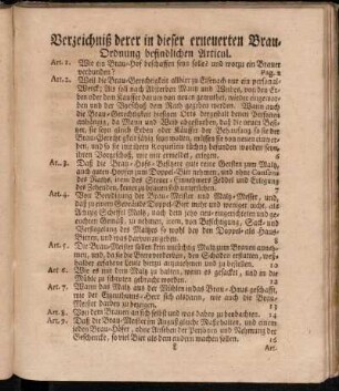 Verzeichniß derer in dieser erneuerten Brau-Ordnung befindlichen Aticul.