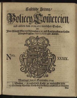 Nro. XXXIX, Montags, den 26. Septembr 1735