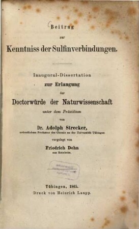 Beitrag zur Kenntniss der Sulfinverbindungen : Inaug. Diss.