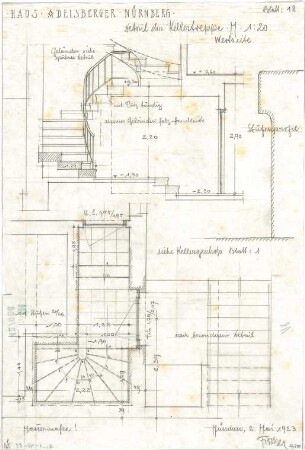 Fischer, Theodor; Nürnberg; Haus Adelsberger - Kellertreppe West (Grundriss, Ansicht m. Schnitt, Detail)
