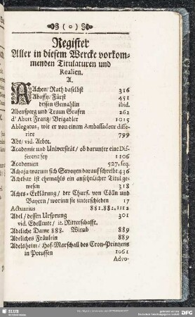 Register Aller in diesem Wercke vorkommenden Titulaturen und Realien