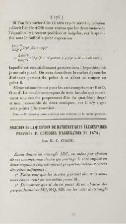 Solution de la questions de mathématiques élémentaires proposée au concours d'agrégation de 1874.