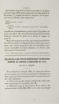 Solution de la questions de mathématiques élémentaires proposée au concours d'agrégation de 1874.