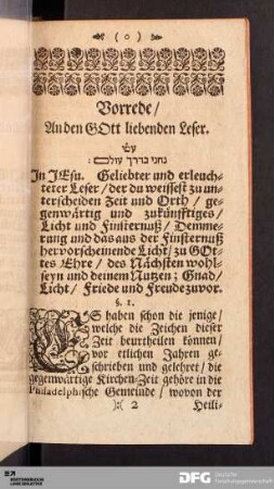 Vorrede/ An den GOtt liebenden Leser.