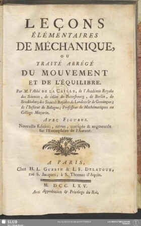 Leçons Élémentaires De Méchanique : Ou Traité Abrégé Du Mouvement Et De L'Équilibre