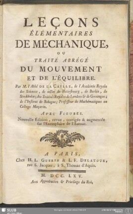 Leçons Élémentaires De Méchanique : Ou Traité Abrégé Du Mouvement Et De L'Équilibre