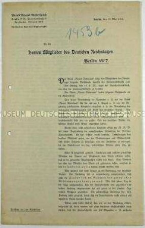 Rundschreiben des Bundes "Neues Vaterland" an die Mitglieder des Reichstages mit Protest gegen die ihn betreffenden Zensurmaßnahmen