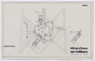 Wettbewerb Bürgerhaus Sprendlingen (nicht realisiert), 2. Preis – Grundriss EG, Zwischengeschoss. Sprendlingen/Hessen